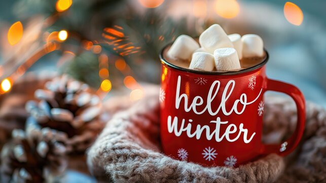 Red cocoa and marshmallow mug with text “hello winter” on bokeh background. Cozy winter concept. Winter background