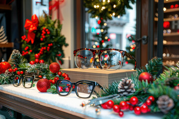 Eyeglasses displayed in an optic store decorated for christmas holidays, with christmas trees, lights, and ornaments
