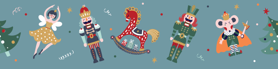 Nutcracker. Cute Christmas gorizontal border. Christmas colorful motifs.
