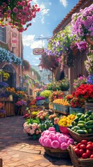 A colorful summer market with fresh flowers and produce