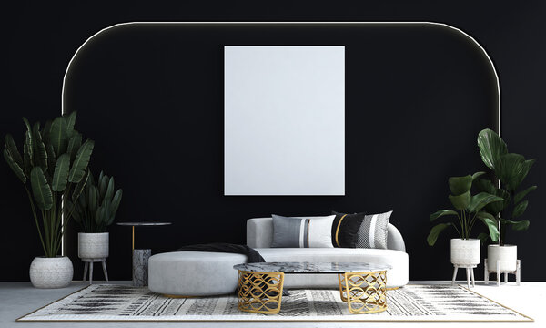 Modern interior design of cozy living room and blue texture wall background. 3d rendering