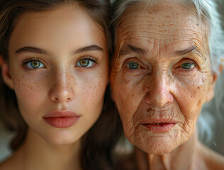 A young woman and an elderly one, both with radiant skin, in front of the same background, highlighting their natural beauty. The left side features the younger model