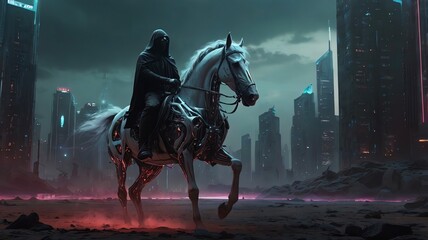 Fototapeta premium A haunting desert landscape with a dark, foreboding backdrop, featuring the Four Horsemen: a powerful figure on a white horse for conquest, a terrifying rider on a red horse for war, a grim reaper on 