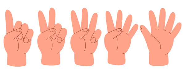 Counting with fingers. Hand gesturing, arm showing one, two, three, four and five numbers, digits. Countdown, score, elementary math learning. Flat illustration isolated on white background
