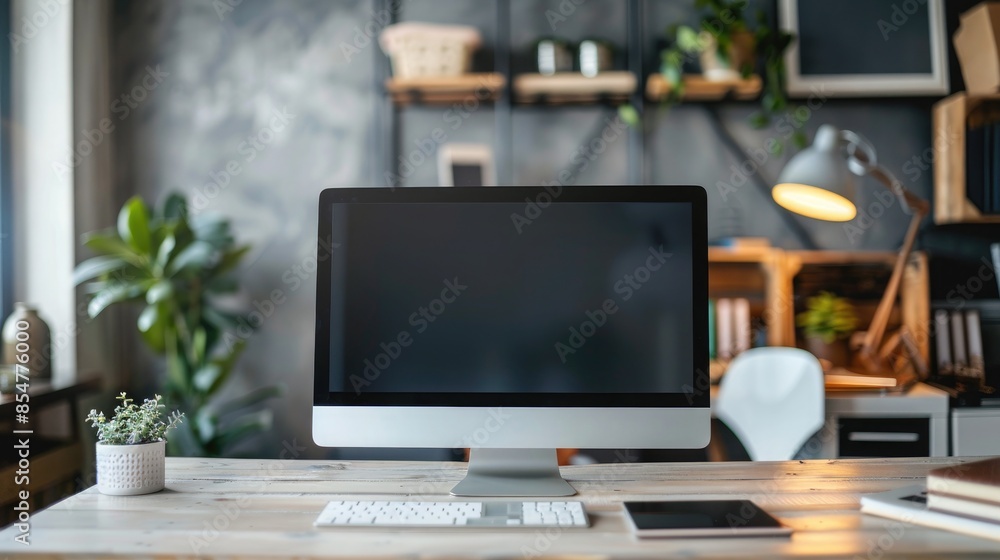 Wall mural close up minimalistic workspace with computer modern designer desktop with blank computer screen, of