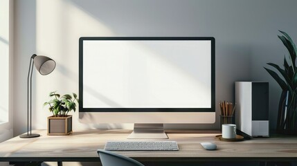 Close up Minimalistic workspace with computer modern designer desktop with blank computer screen, office equipment decorations on table. Mock up