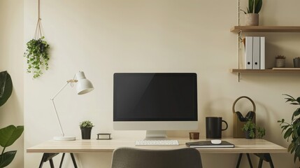 Close up Minimalistic workspace with computer modern designer desktop with blank computer screen, office equipment decorations on table. Mock up