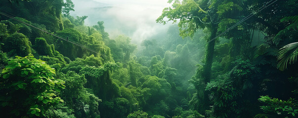 A group of friends embarking on an exciting zip-lining adventure through a dense forest canopy, with breathtaking views below.