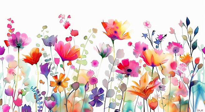 ilustraci&oacute;n en acuarela de flores silvestres, con colores vibrantes y delicadas pinceladas que representan la belleza de la diversidad floral de la naturaleza en un entorno de campo abierto