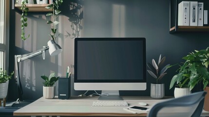 Fototapeta premium Close up Minimalistic workspace with computer modern designer desktop with blank computer screen, office equipment decorations on table. Mock up