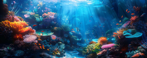 An underwater world with vibrant corals and exotic fish.