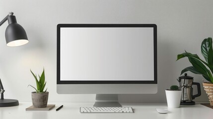 Fototapeta premium Close up Minimalistic workspace with computer modern designer desktop with blank computer screen, office equipment decorations on table. Mock up