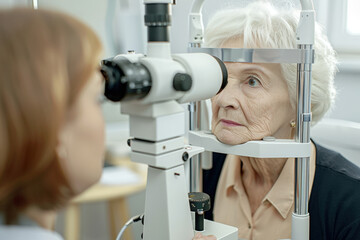 Ophthalmologist is performing an eye exam on a senior woman using a slit lamp in an ophthalmology clinic