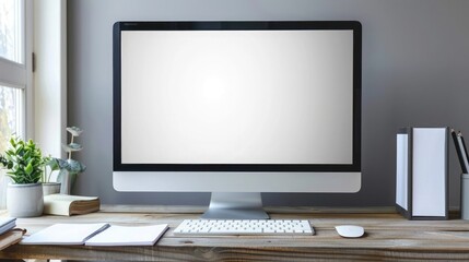 Fototapeta premium Close up Minimalistic workspace with computer modern designer desktop with blank computer screen, office equipment decorations on table. Mock up