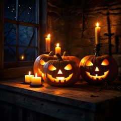 Obraz premium Halloween Jack O' Lanterns with Candles, in a Youthful Medieval Room at Night. Halloween background with copy-space. generative ai 