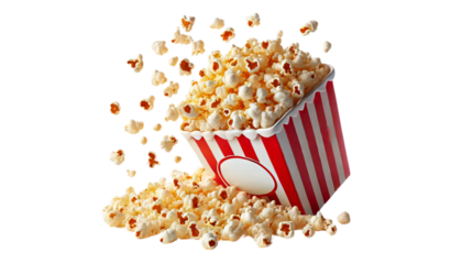 A classic red and white striped popcorn cup tipped over with popcorn spilling out on a transparent background