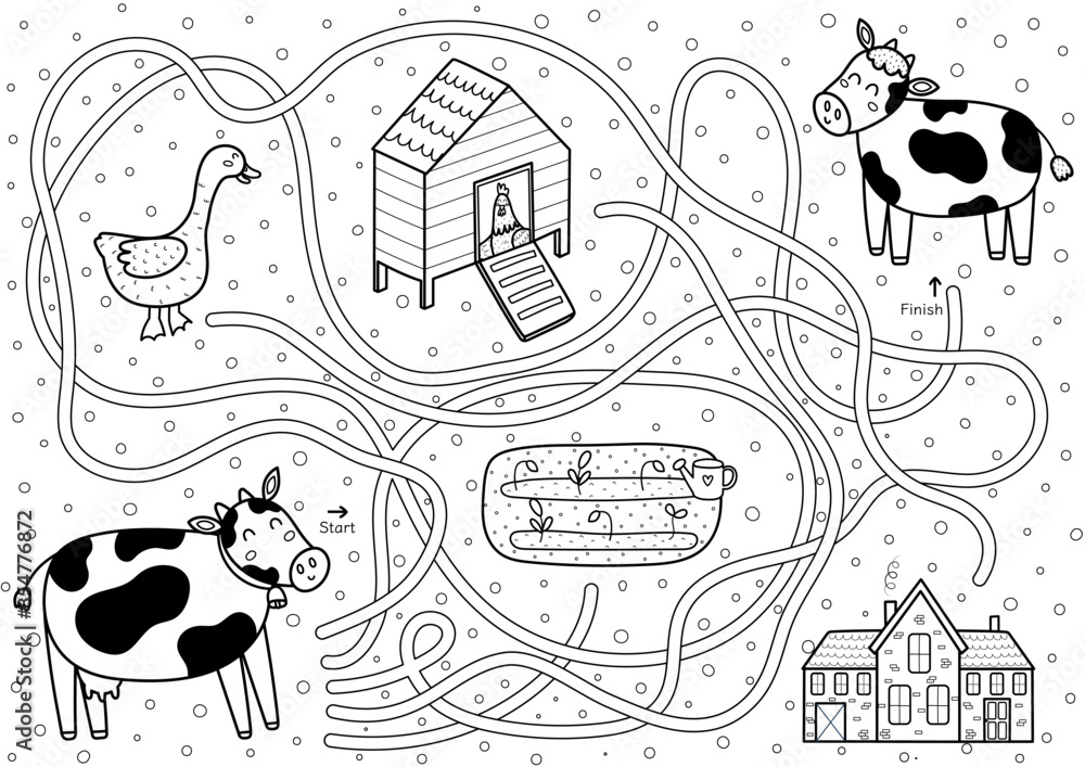 Wall mural help mother cow to find a way to her baby calf. farm maze black and white activity page for kids. mi