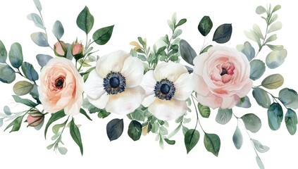 Watercolor Floral Arrangement with White and Pink Flowers