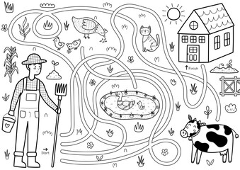 Help farmer to find a way to the house. Farm maze black and white activity page for kids. Mini game for school and preschool in outline. Vector illustration