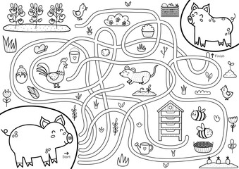 Help mother pig to find a way to her baby piglet. Farm maze black and white activity page for kids. Mini game for school and preschool in outline. Vector illustration