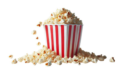 Red and white striped popcorn cup tipped over with popcorn spilling out on a transparent background