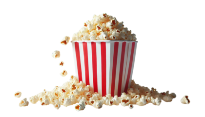 Red and white striped popcorn cup tipped over with popcorn spilling out on a transparent background