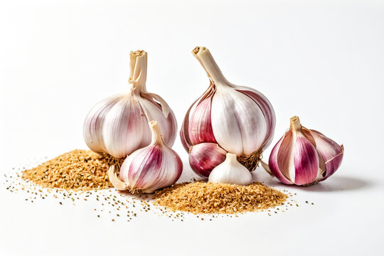 Garlic Bulbs and Granules on White Background