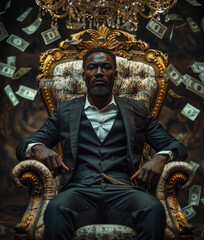 Black man wearing a suit, sitting on a throne surrounded by money. Generative AI.