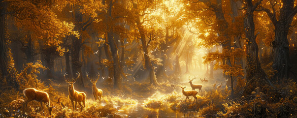 Naklejka premium A tranquil woodland glade illuminated by shafts of golden sunlight, with deer grazing among the trees.