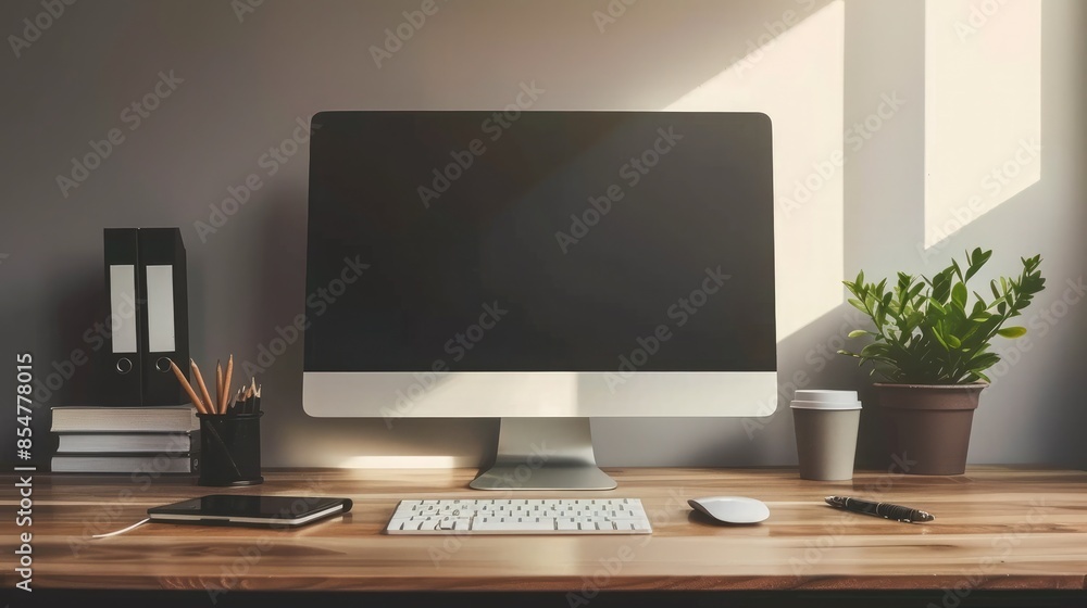 Poster close up minimalistic workspace with computer modern designer desktop with blank computer screen, of