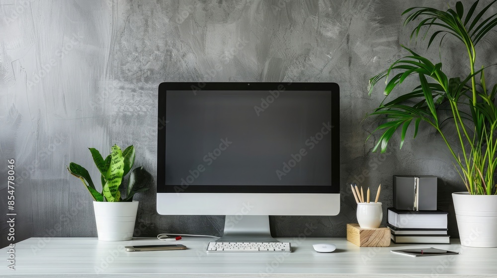Poster close up minimalistic workspace with computer modern designer desktop with blank computer screen, of