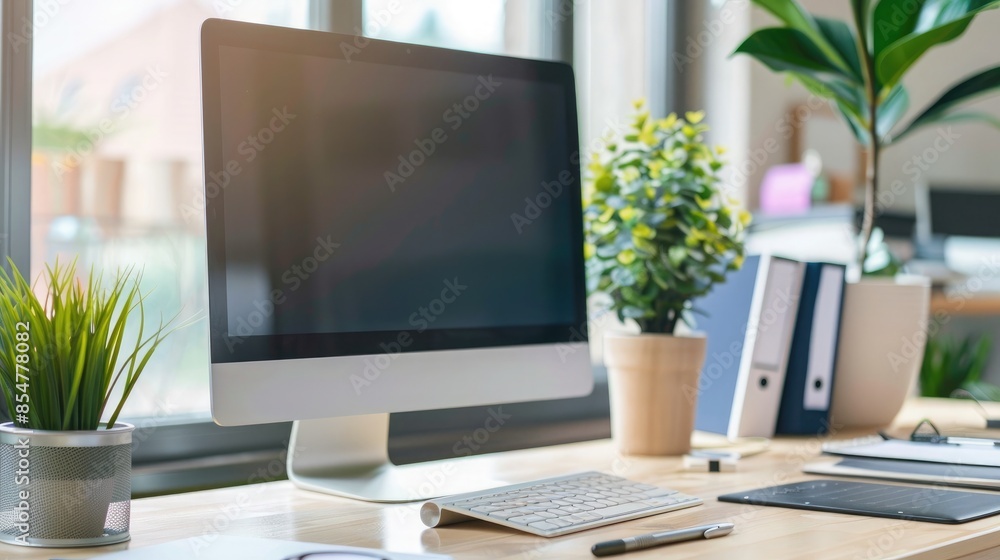 Wall mural Close up Minimalistic workspace with computer modern designer desktop with blank computer screen, office equipment decorations on table. Mock up