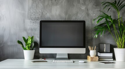 Close up Minimalistic workspace with computer modern designer desktop with blank computer screen,...