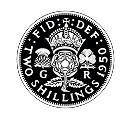 Obraz premium Vector British money gold coin. Two shillings, King George VI florin with crowned rose, thistle and shamrock, Rosa Tudor - emblem of England.