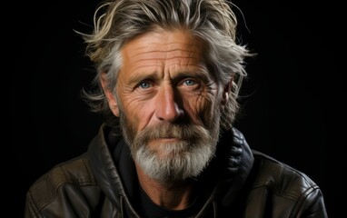 Obraz premium A man with a beard and a leather jacket is looking at the camera