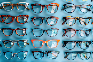 Many pairs of different eyeglasses are neatly arranged on a vibrant blue background, showcasing a variety of styles and colors