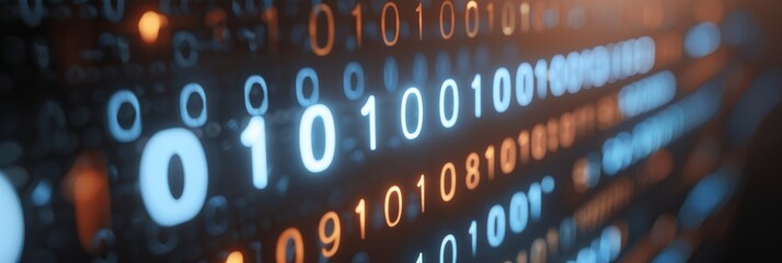 Neon binary code grid on dynamic abstract shapes background for digital design enthusiasts