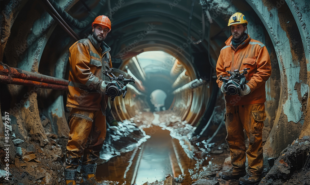 Poster Two men stand above a small entrance to a sewer tunnel, the tunnel is small and ominous, they are controls drone. The two men, dressed in work wear, are facing the camera directly. Generative AI.