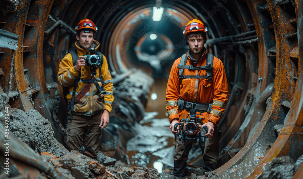 Poster two men stand above a small entrance to a sewer tunnel, the tunnel is small and ominous, they are co