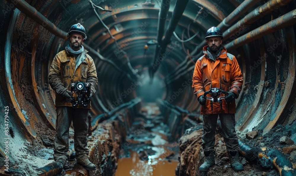 Poster two men stand above a small entrance to a sewer tunnel, the tunnel is small and ominous, they are co