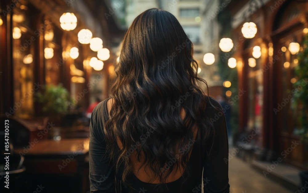 Wall mural A woman with long hair is walking down a street with a few tables