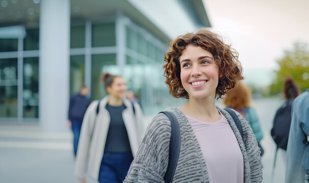 Smiling cauacsian female student with a backpack on the background of a modern campus building.
