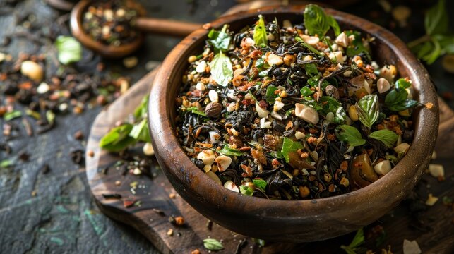 Burmese lahpet thoke or tea leaf salad, made with fermented tea leaves, crunchy nuts, seeds, and other fresh ingredients, served in an authentic wooden bowl.