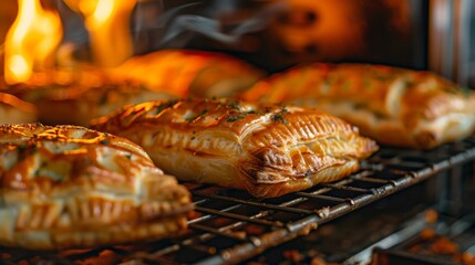 Freshly baked Moldovan placinte, traditional filled pastries with either savory cheese or sweet fruit fillings, cooling on a wire rack. This ethnic delicacy showcases the unique flavors.