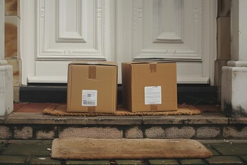 cardboard boxes with white stickers on them on the door mat