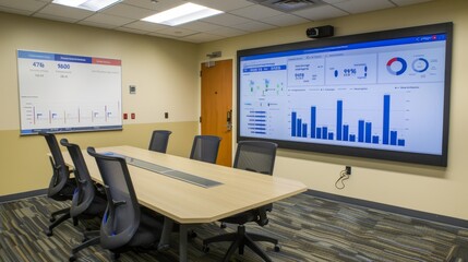 Cutting edge conference room with advanced tech and futuristic data visualizations
