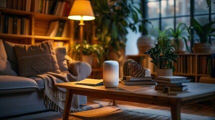Cozy Living Room With A Smart Speaker and Plants On Coffee Table. Smart Home Technology, Biohacking