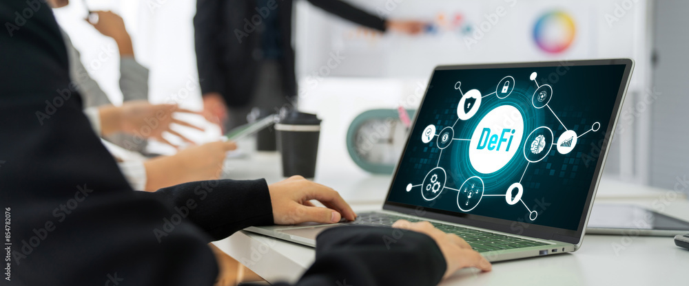 Poster decentralized finance or defi concept on modish computer screen . the defi system give new choice of
