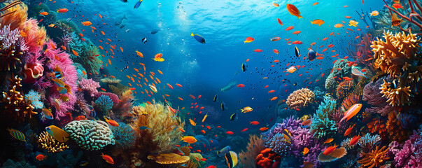 Naklejka premium A vibrant coral reef bustling with activity, with colorful fish darting among intricate coral formations.