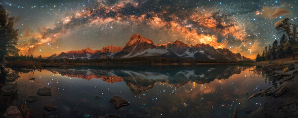 Naklejka premium A mystical lake reflecting the stars above, its surface shimmering with an otherworldly glow.